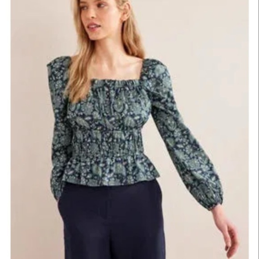 Boden Deep Sea Paisley Peplum Ruched Blouse Top 12
